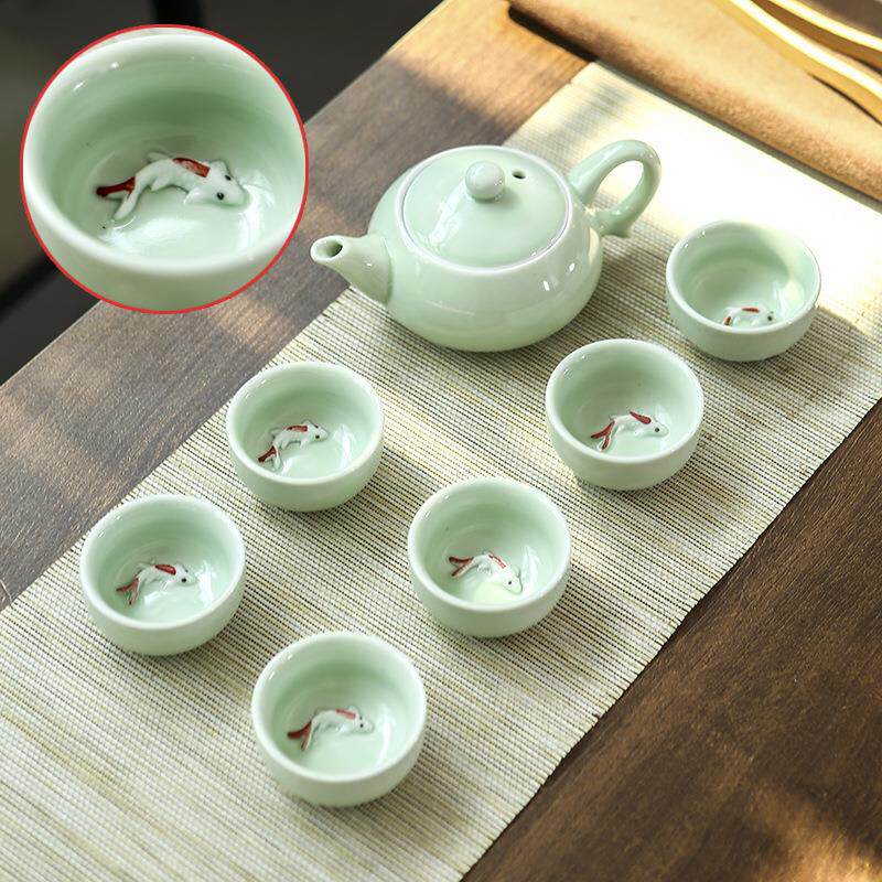 青瓷鱼杯茶具套装会销节日庆祝礼品送礼德化功夫茶具套装陶瓷茶壶