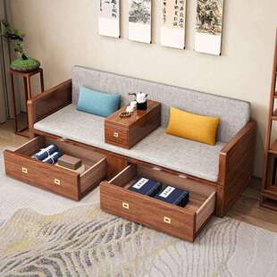 小新中式 实木带抽WON屉拉伸缩折叠沙发床推多功能客厅户型用两沙
