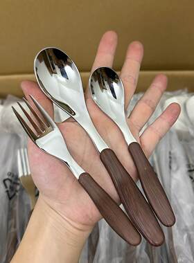 勺子2岁宝宝18-10不锈钢儿童勺子仿木纹手柄餐勺宝宝辅食勺吃饭喂
