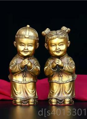 高档仿古做玉旧纯铜金童饰女件善财摆童子龙女佛像一对家居装摆设