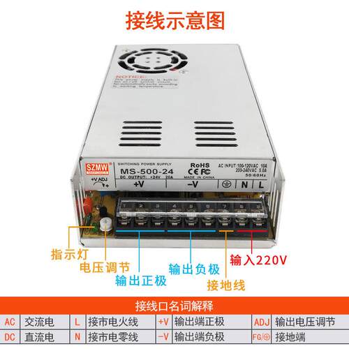 MS-500W12V24VV3V48V110足功率开FFO关电源220V-交流转直流6350w