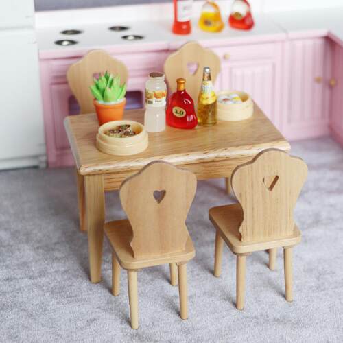 新1:12娃娃屋dollhouse迷你家具模型厨房餐厅橡木原木色桌椅5件套