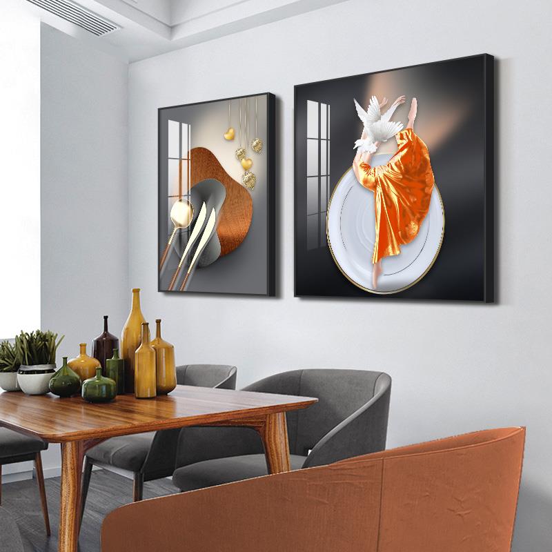 现代简约餐厅装饰画轻奢餐具美女饭厅挂画创意组合两联画家庭壁画图片