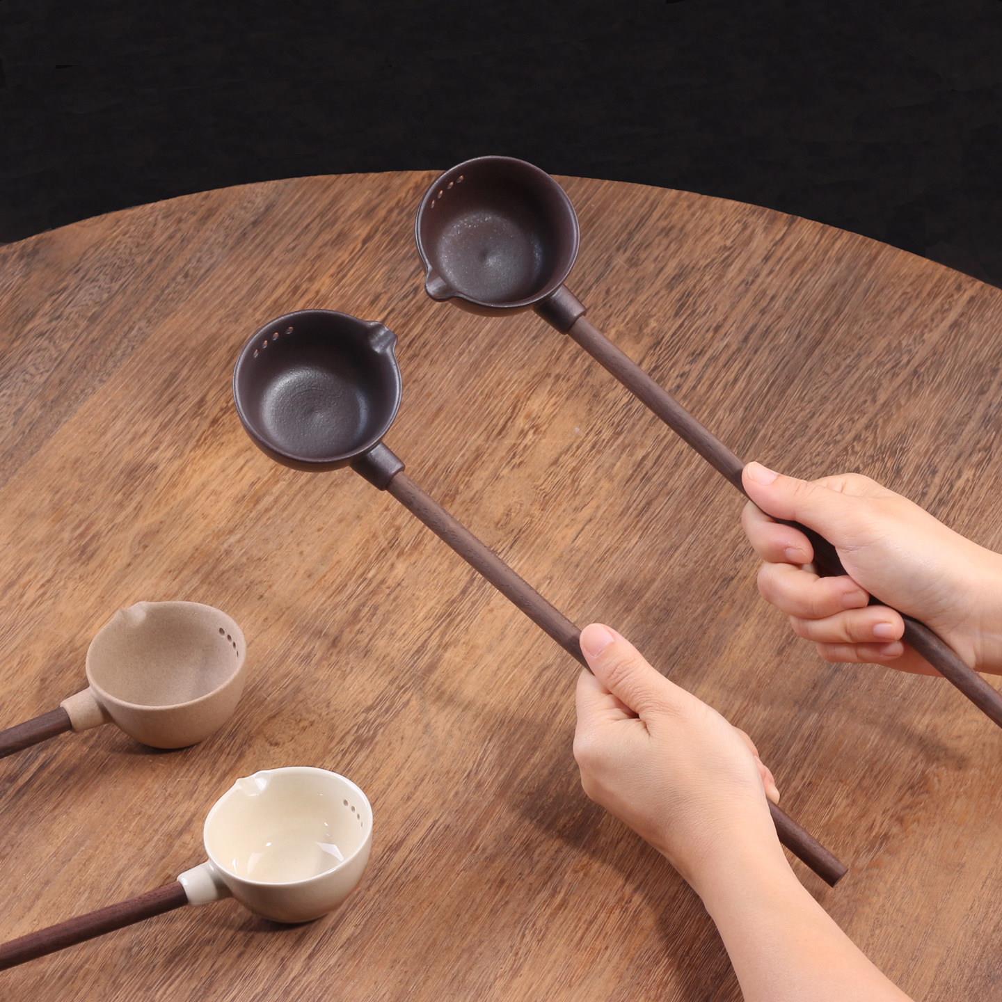 左手-茶勺陶瓷分茶勺长柄煮茶勺子分茶汤勺舀茶勺舀茶匙实木柄