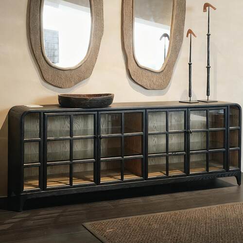 中古侘寂风设计师创意玻璃门实木餐边柜法式复古客厅玄关柜展示柜