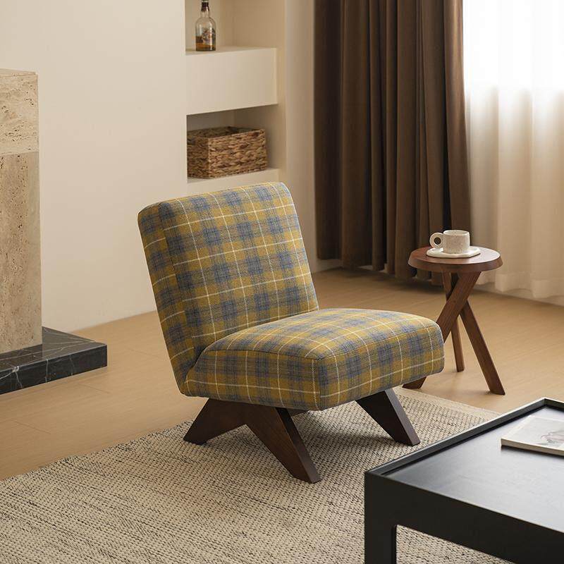 美之趣中古风单人沙发客厅沙发椅法式覆古格子面料实木休闲 椅单