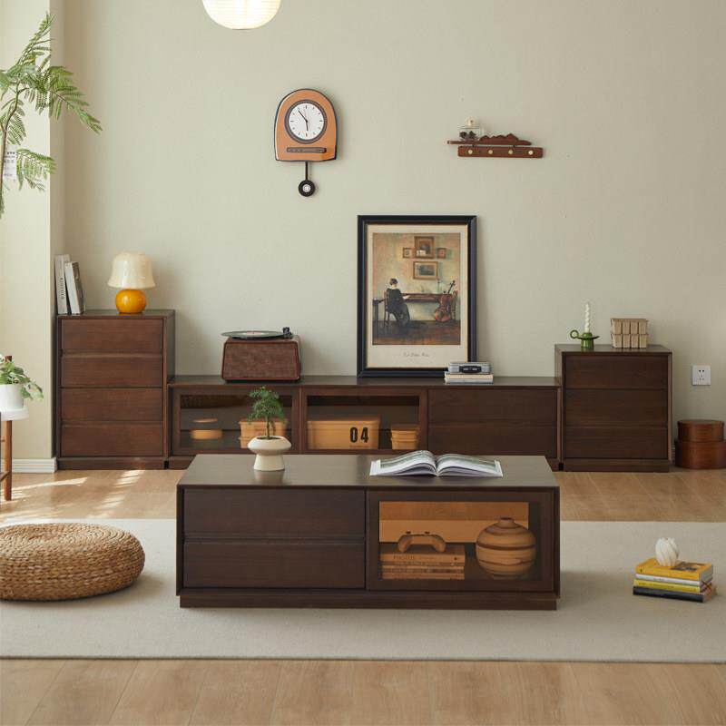 实木电视柜落地胡桃木色地柜高级感客厅茶几电视柜组合柜立柜矮柜