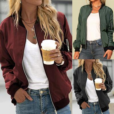 Women's Oversized Zip-Up Bomber Jacket Long Sleeve Fully