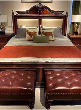 美全实木床轻奢古qx典双主卧高式端大气卧大床橡室胶木法式复古人