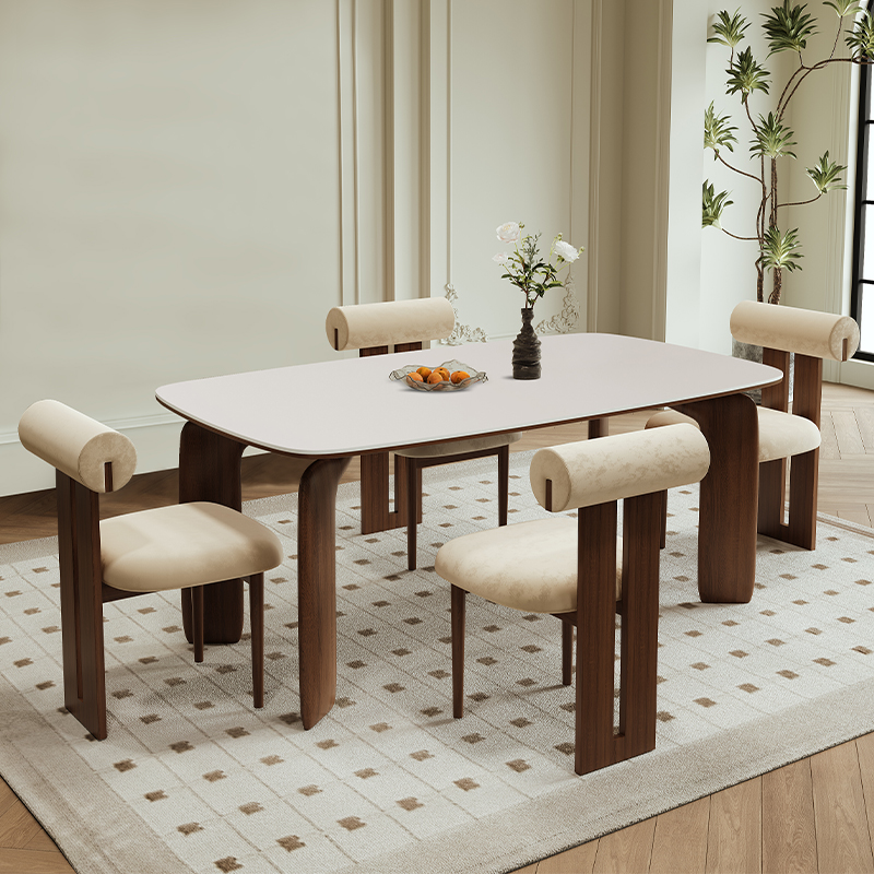 法兰莎 法式复古实木岩板餐桌小户型长方形饭桌大象腿餐桌椅组合