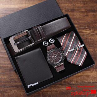 Men tie cufflinks 5pcs wallet watch belt set gift quartz