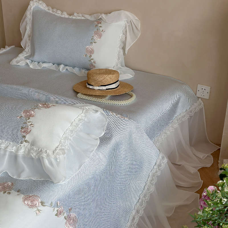 小清新夏季冰丝凉席三件套可水洗少女心刺绣床裙款1.8米空调软席