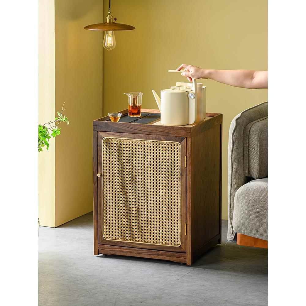 中古风北美黑胡桃木藤编移动茶吧机烧水壶一体茶台水桶柜子