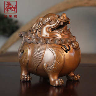 铜聚德 摆件 纯紫铜狻猊瑞兽香薰朝天吼香道茶道装 饰香炉新中式
