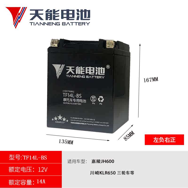 天能摩托车电瓶嘉陵JH600B-A三轮两轮车通用原装电瓶12V14A蓄电池