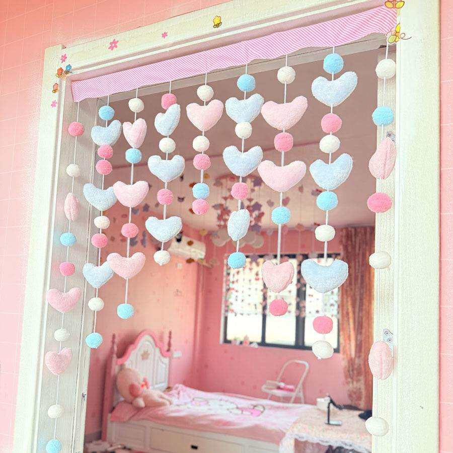 少女心韩式可爱粉色桃爱心免打孔挂件房门挂饰小门帘隔断吊帘线帘