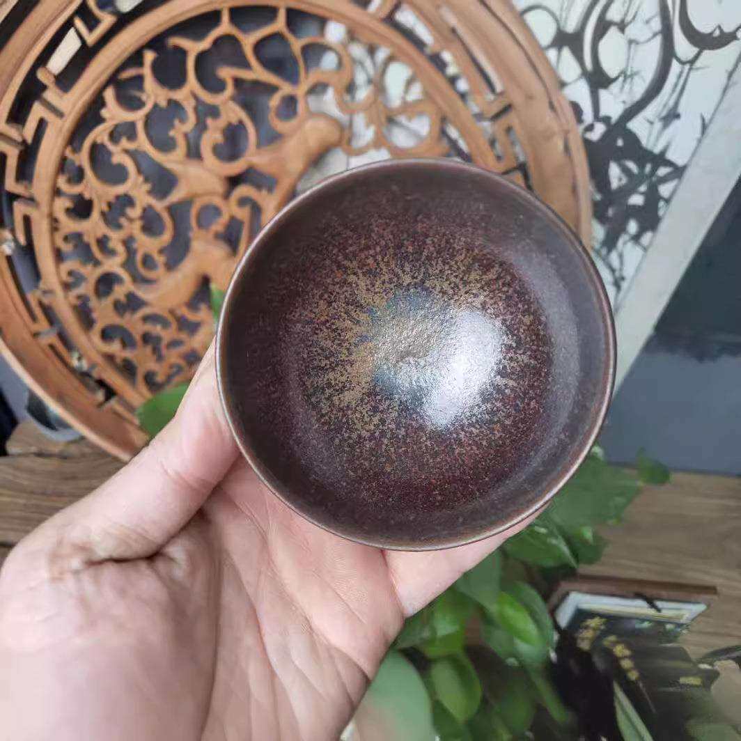 柴烧建盏杯手工建窑陶瓷茶杯大号铁胎主人杯铁锈釉银斑单杯茶盏