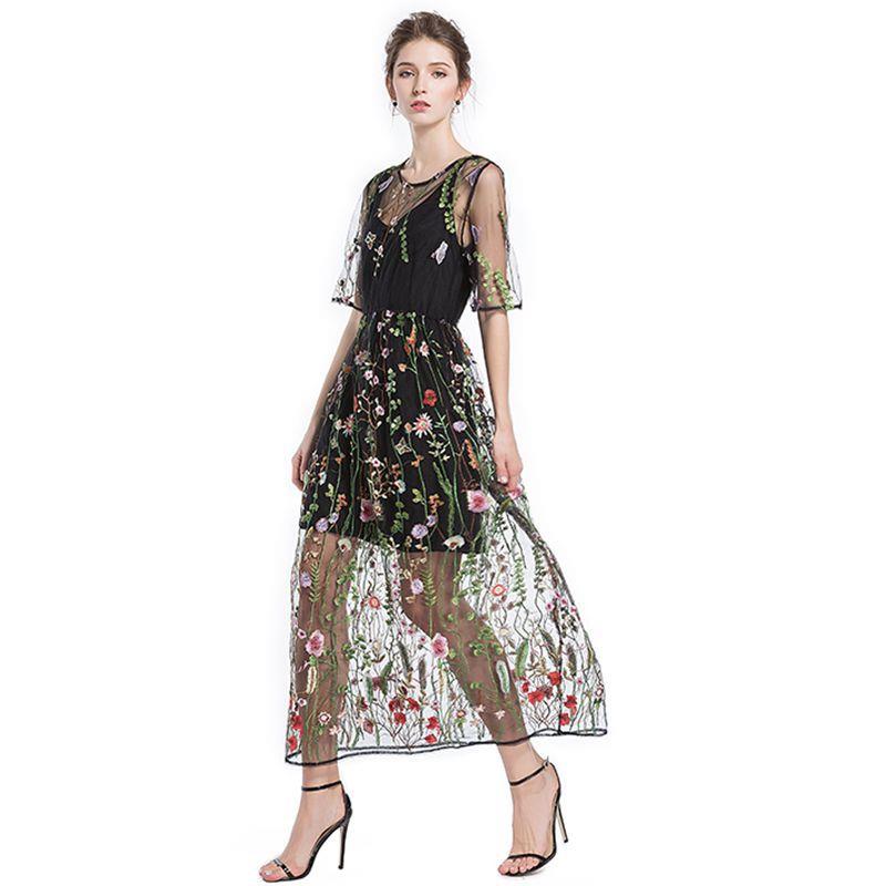 Spring plus size womens embroidered lace dress summer two