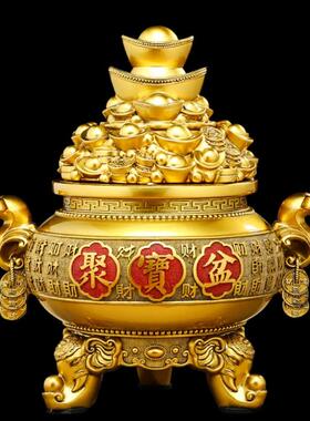 聚宝盆摆件家用客厅玄关装饰铜木摆设办公桌公司吧台店铺开业礼品