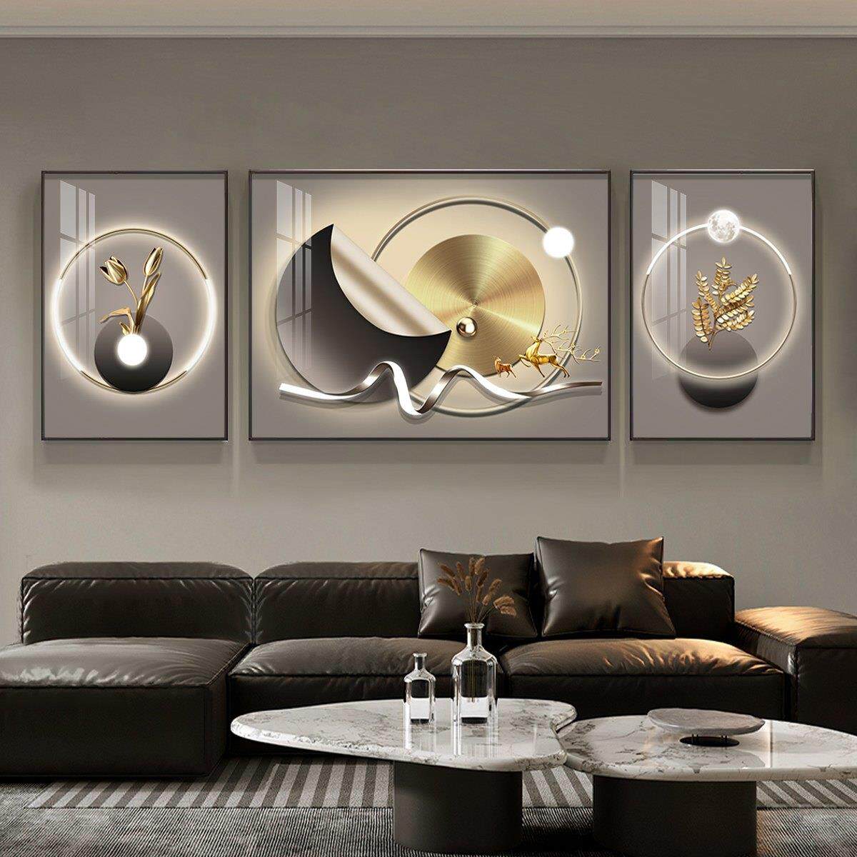 轻奢福鹿高级感客厅电视沙发背景墙壁装饰画三联壁画现代简约大气