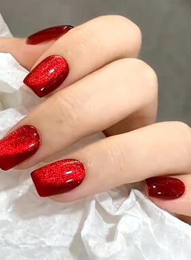 成品穿戴甲显白红色爆闪猫眼美甲贴片方形假指甲False nails