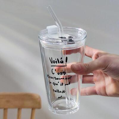 French drink straw cup Coffee cup Glass water cup with lid杯