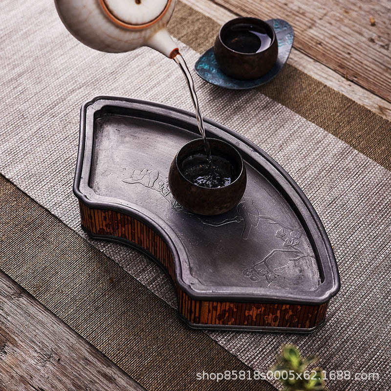 中式湘妃竹复古锡壶承家用储水干泡盘茶盘茶海干泡台茶承茶台托盘