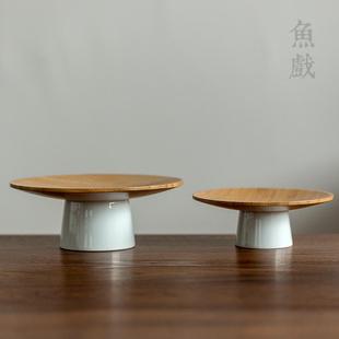 中式 鱼戏 高脚创意家用陶瓷竹制果盘点心盘水果碟子干果盘茶点盘
