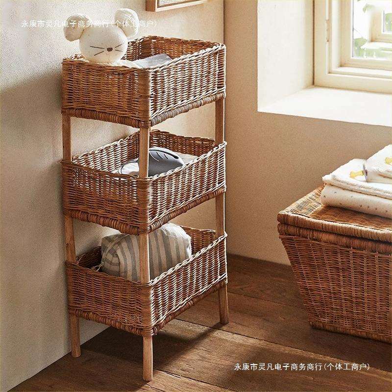 乡村风杂物储物架装饰多层手工编织收纳筐置物架民宿实木落地包邮