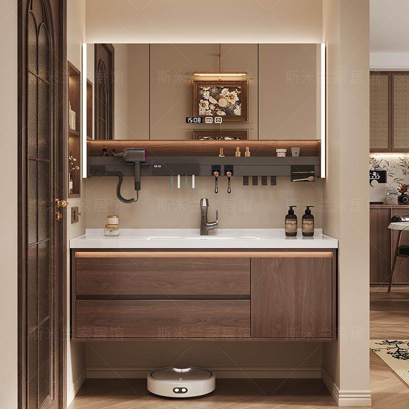新中式胡桃色陶瓷一体盆手盆洗脸盆柜组合实木浴室柜卫生间卫浴盆