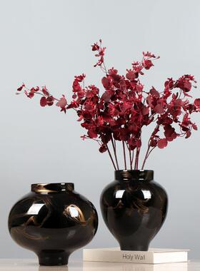 新中式亮色釉面陶瓷花瓶创意手绘黑色拼色装饰品酒店水培插花摆件