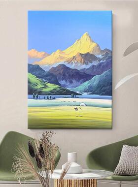 网红日照金山绿纯手绘油画客厅抽象色原风景装草玄饰画光关自然风