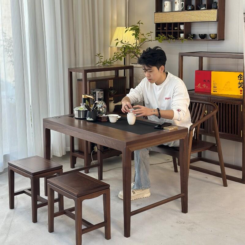 北美黑胡桃木色茶桌椅组合北欧阳台小茶台简约家用实木茶几带抽屉