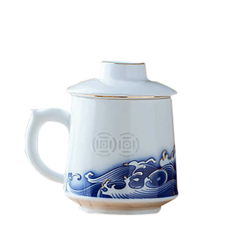 青花手工办公大容量活动茶杯礼品家用景德镇陶杯过滤瓷杯陶瓷批发