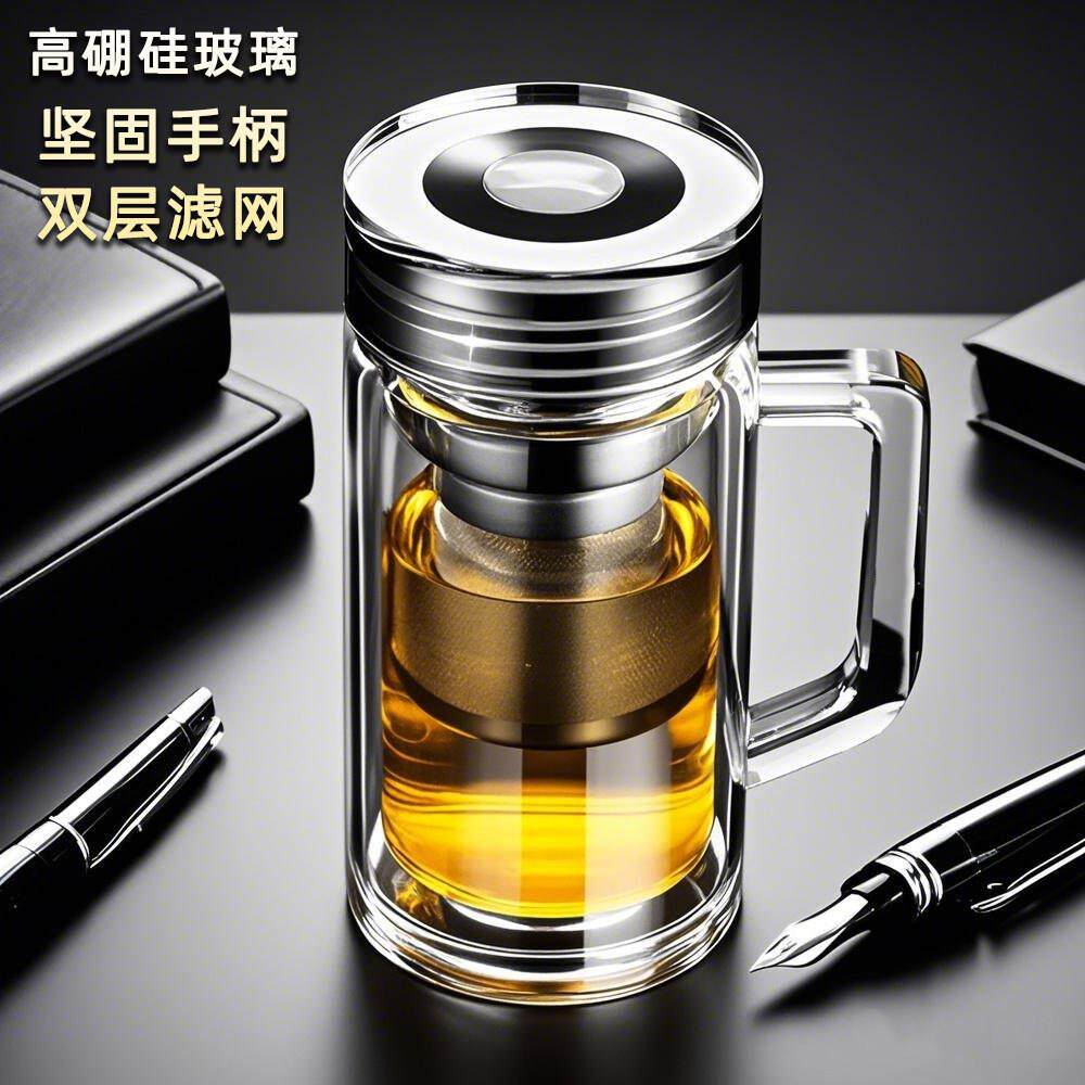 双层玻璃杯带把手隔热高档男士泡茶杯子带滤网茶水分离手柄办公杯