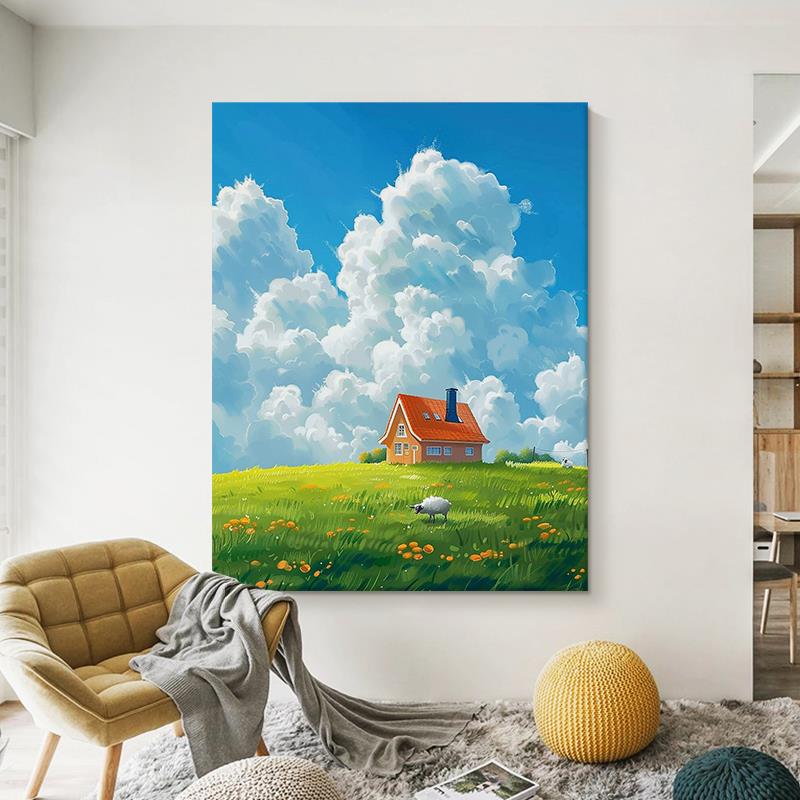 宫崎骏纯手绘油画治愈系风景客厅装饰画唯美玄关主卧床头丙烯挂画图片
