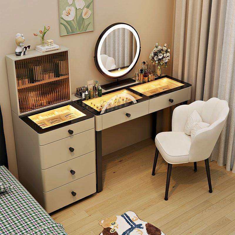 爆款奶油风全实木梳妆台现代简约时尚化妆斗柜收纳一体全景氛围灯