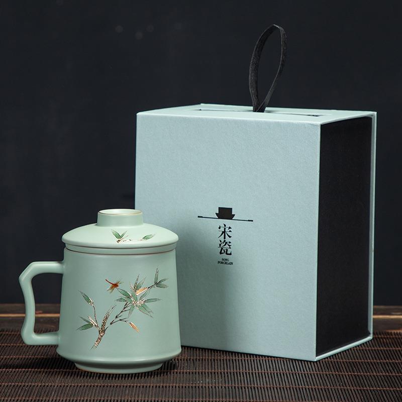 汝窑茶杯套装陶瓷带盖茶滤办公杯三件杯茶水分离泡茶杯领导杯青瓷