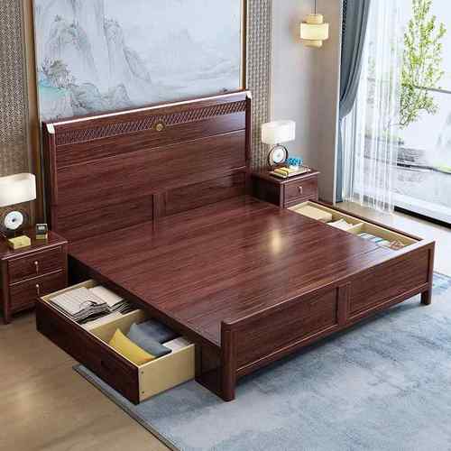 新中式高端乌木实木床1DMB.金8米人大双床高箱储物2室米大床主卧
