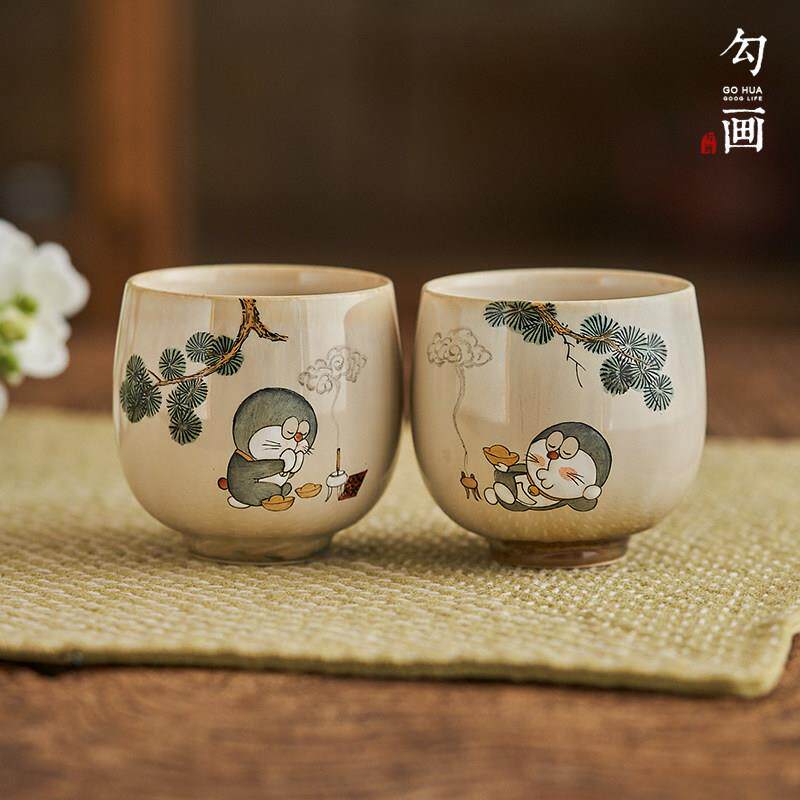 景德镇手绘蓝胖子茶杯主人杯卡通窑变茶具个人专用手工陶瓷单杯