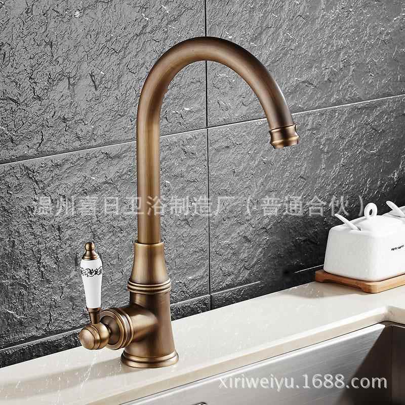 欧式仿AF1214拉古丝厨房冷菜热水龙头 花瓷把手 黑古铜洗盆水槽青