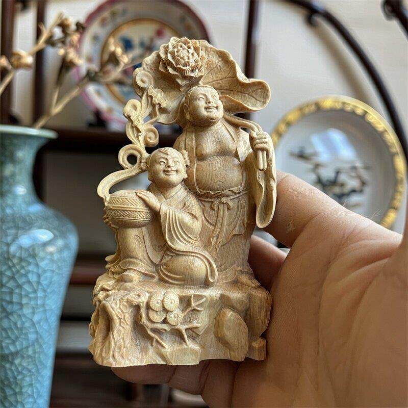 小叶黄杨木雕人物和合二圣实木雕刻居家佛堂供奉摆件新中式风格木