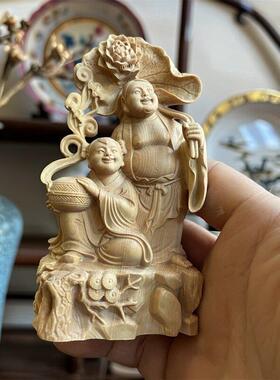 小叶黄杨木雕人物和合二圣实木雕刻居家佛堂供奉摆件新中式风格木