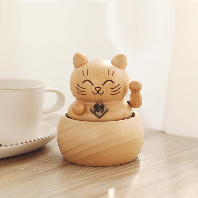 木质招财猫音乐盒发条手工天空之城八音盒送女生闺蜜朋友生日礼物