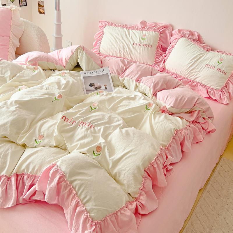 满色绣法式水洗棉床床单QGC75859件笠套纯床包韩版花边被套四厂家