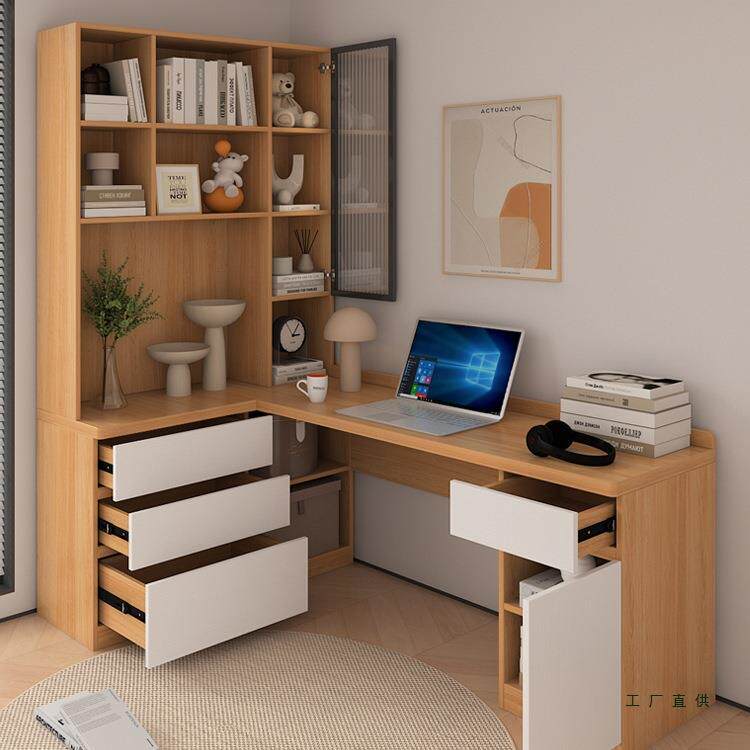 定 制电脑书桌组合学习桌台式机转角书桌柜角落书架实木芯桌带抽