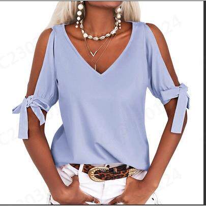 Womens Cold Shoulder Tops Short Sleeve V-Neck Casual Loose