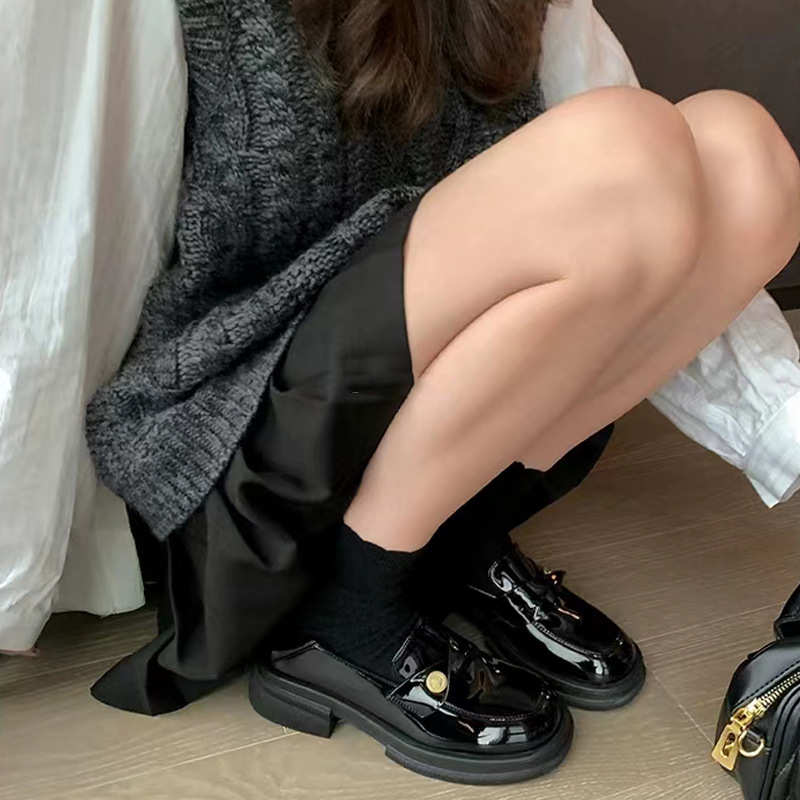 2024春季新款真皮乐福鞋女小金币厚底踩跟懒人粗跟小皮鞋女
