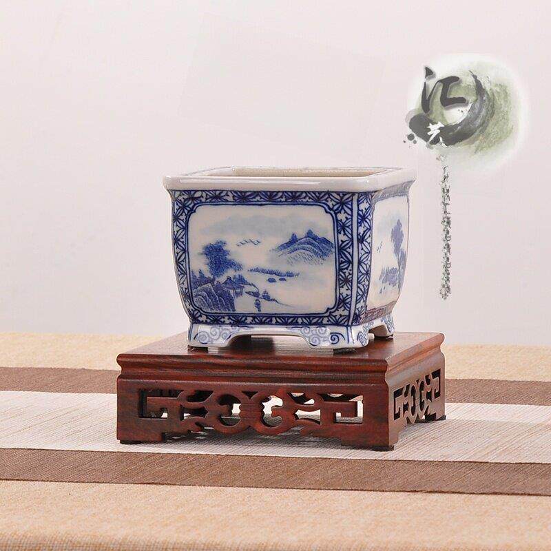 实木红酸枝中式镂空雕刻印章方形摆件奇石头花瓶盆景茶壶底座木托