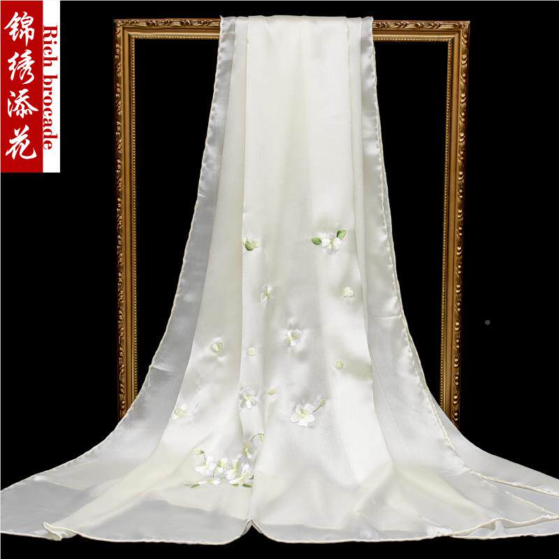 工苏绣丝巾女真丝百搭送礼满天星款妈妈长晒桑蚕丝绣花围巾防丝手